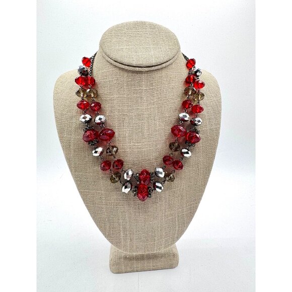 2 Stand Faceted Red And Smoky Glass Beads With Rhinestones - Picture 1 of 5